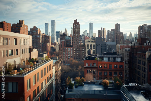 Rooftop terrace offering breathtaking views of a bustling urban skyline, highlighting modern city life