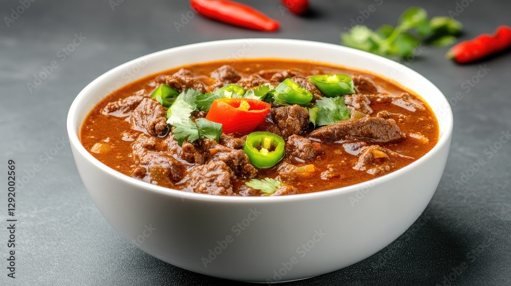 Delicious beef stew with peppers and herbs in a white bowl on a dark surface. Delicious beef stew with peppers and herbs in a white bowl on a dark surface.