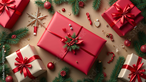 christmas presents: festive flat lay gift scene