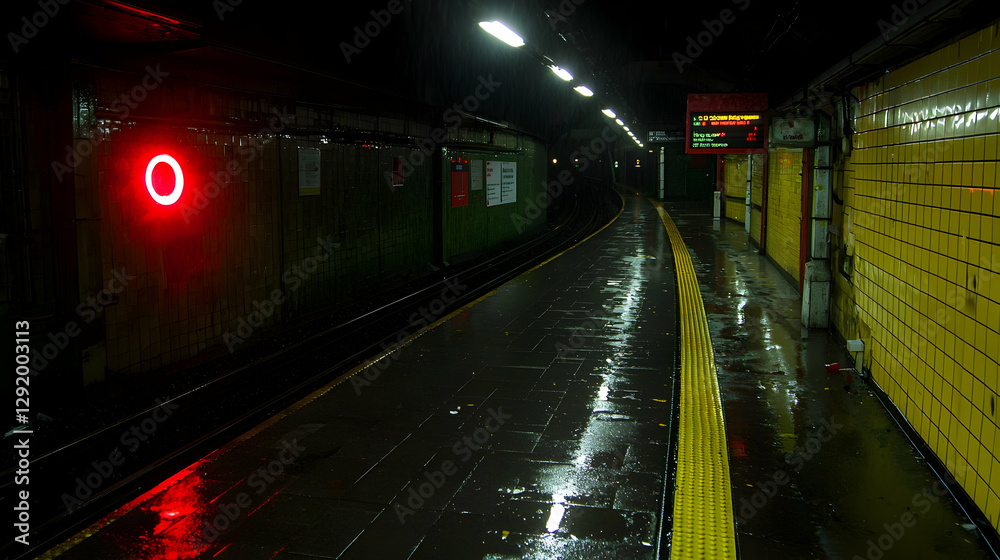 Empty subway platform at night, rain reflecting on wet floor Empty subway platform at night, rain reflecting on wet floor