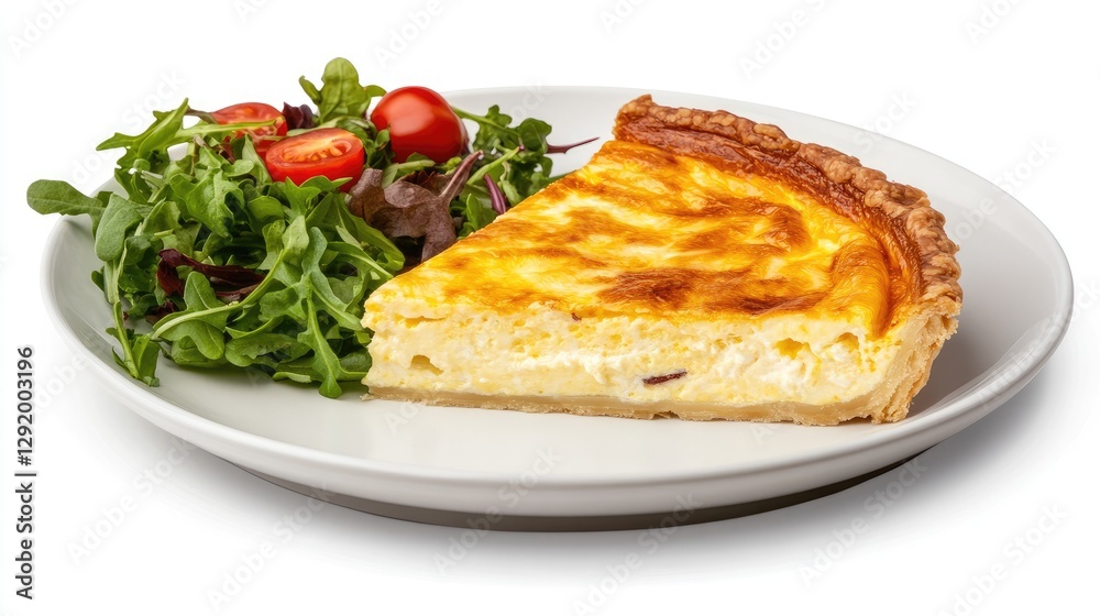 Delicious quiche served with a fresh green salad on a white plate. Delicious quiche served with a fresh green salad on a white plate.