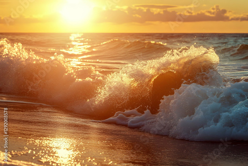 Powerful ocean waves rolling onto a golden beach under the glow of a setting sun