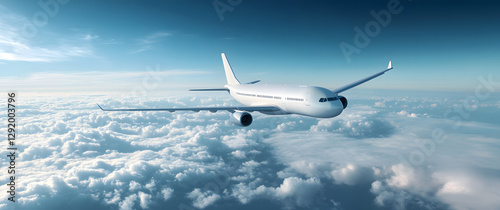 A white airplane flying in the sky, surrounded by clouds.
