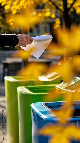 Person disposing paper waste into urban recycling bins in autumn