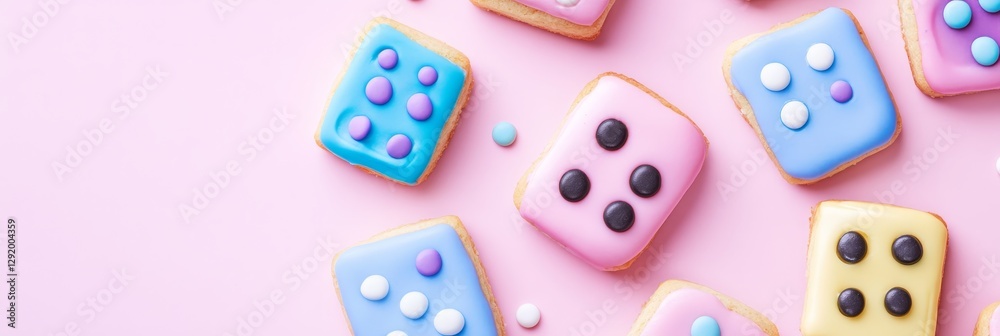 Colorful Domino Cookies on Pink Background - Sweet pastel domino cookies decorated with colorful candy dots arranged on a pink surface. Perfect for a bakery or dessert blog Colorful Domino Cookies on Pink Background - Sweet pastel domino cookies decorated with colorful candy dots arranged on a pink surface. Perfect for a bakery or dessert blog