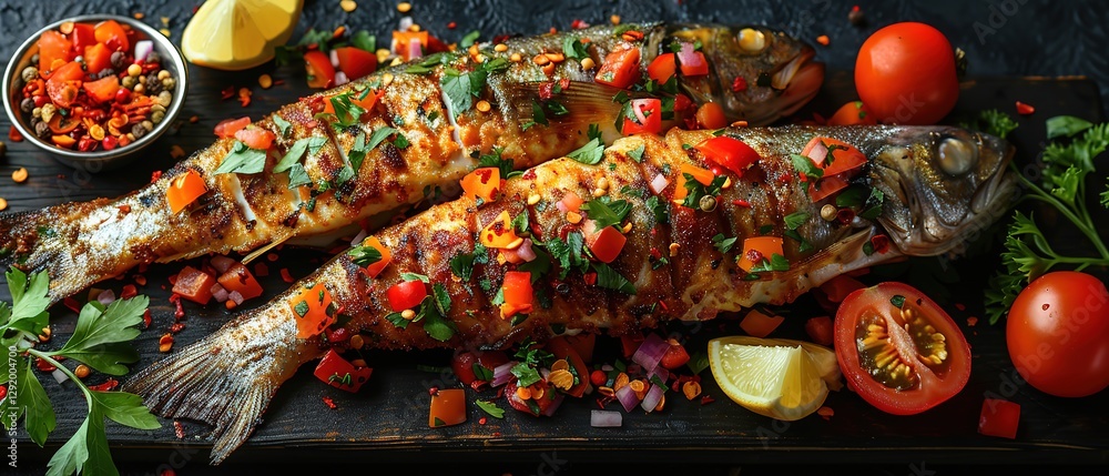 Fototapeta premium top view, fried fish with spices in plate