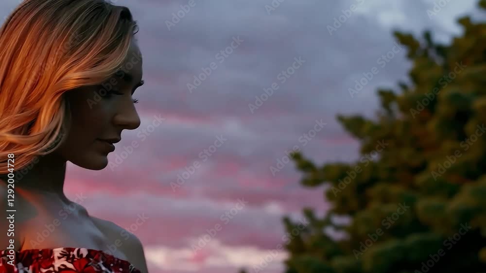 A beautiful woman in a red floral dress gazes into the distance as the wind blows through her hair against a breathtaking pink sunset sky.