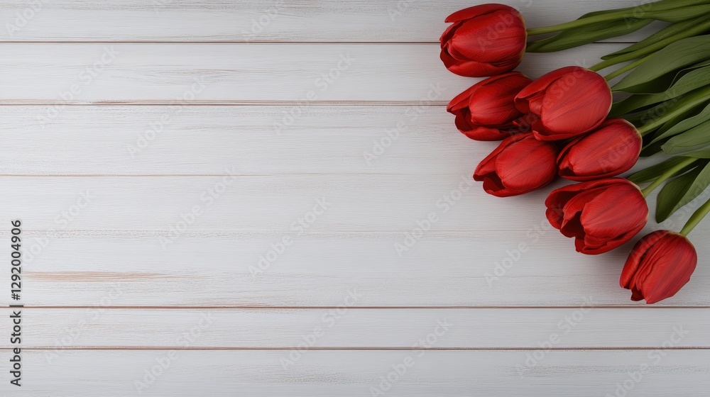 Beautiful pink tulips gently placed on a white wooden background create a peaceful and elegant atmosphere with ample copy space. Beautiful pink tulips gently placed on a white wooden background create a peaceful and elegant atmosphere with ample copy space.