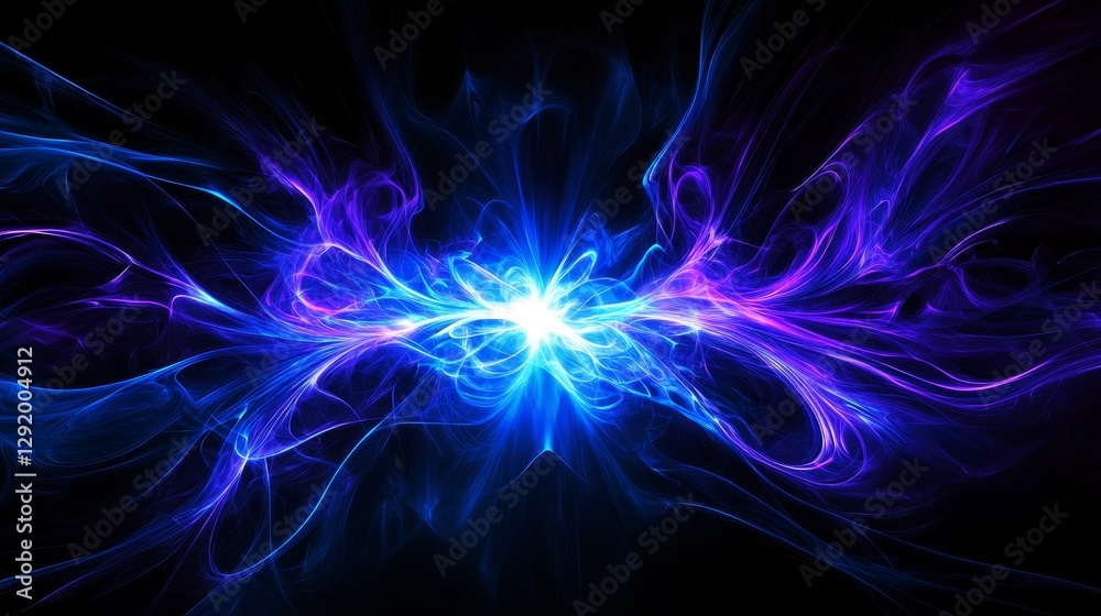 Fototapeta premium Cosmic Blue Light Burst Abstract Art - Symbolizing energy, power, creation, infinity, and cosmic wonder, this abstract artwork features a vibrant blue light burst against a black background