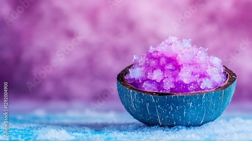 Purple salt in coconut bowl, placed on blue surface, blurred pink background, spa usage photo