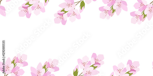Blooming almond branches on a white background with copy space. Floral vector illustration for textile, banner, print. Seamless border.