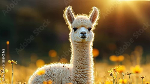 Fluffy young alpaca standing in vibrant field of flowers during golden hour with soft sunlight glowing