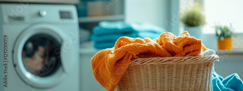 Basket with Laundry in Front of a Blurred Washing Machine, concept everyday routine of doing laundry, highlighting the focus on the basket and its contents while maintaining a clean and organized sett
