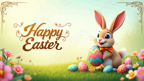 An adorable Easter bunny holding a painted egg, surrounded by blooming flowers, with a 