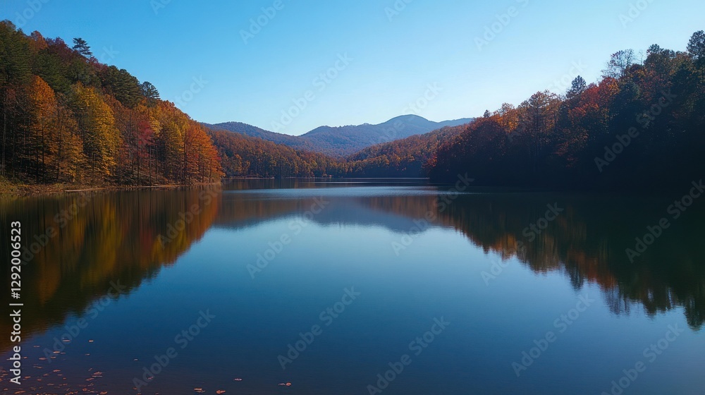 Autumn lake reflecting mountains, calm, scenic landscape Autumn lake reflecting mountains, calm, scenic landscape