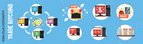 Bitcoin Trade and Blockchain Crowdfunding with Computer Vector Set