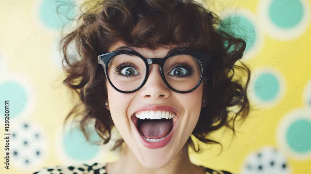 Fototapeta premium Joyful young woman wearing glasses laughing exuberantly, bright colored backdrop highlighting radiant expression