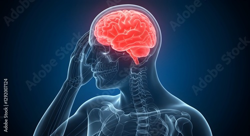 Illustration of person with highlighted brain holding their temples experiencing headache or stress, Man with a headache - Brain Stroke - 3D Illustration