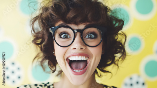 Joyful young woman wearing glasses laughing exuberantly, bright colored backdrop highlighting radiant expression