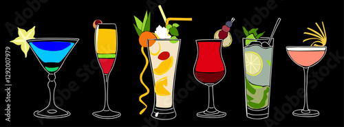 Set of cocktails, alcoholic drinks in different types of glasses. Mojito, Martini, Pina Colada colorful vector illustrations isolated on black background. For bar menu design, party invitations.