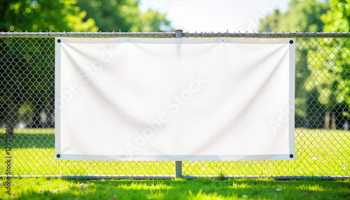 Blank vinyl banner mockup on fence in sunny park for outdoor advertising and promotion