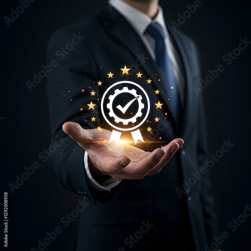 business people showing ideas warranty, international standard, ISO quality certification and quality guarantee mark,Excellent accreditation in the industry,Certified product symbol