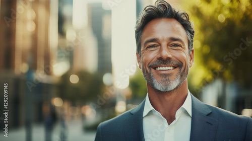 Professional businessman standing confidently in tailored suit, urban skyscrapers creating sleek background highlighting corporate achievement