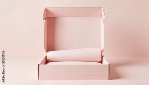 Empty subscription box mockup in soft pink color with rolled paper inside for packaging design