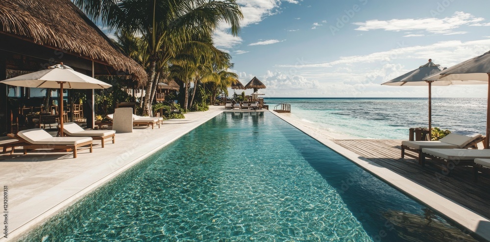 Fototapeta premium A luxurious beach resort featuring a swimming pool, beach chairs, and loungers under umbrellas, surrounded by palm trees and set against a blue sky, epitomizes the outdoor tourism landscape and
