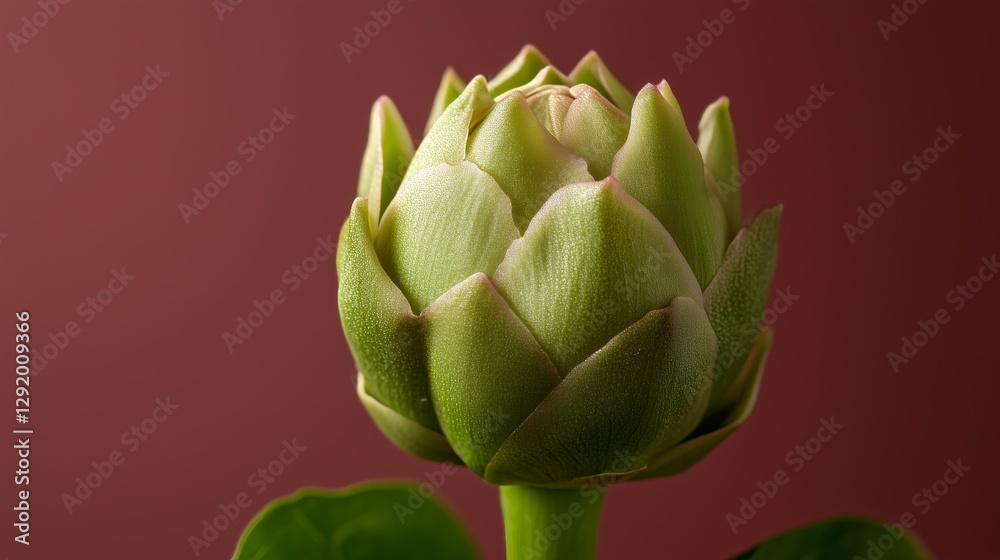 Obraz premium Artichoke on Dark Backdrop: A close-up view showcases a single, vibrant artichoke set against a dark backdrop. The artichoke's layered, textured petals are captured in intricate detail.