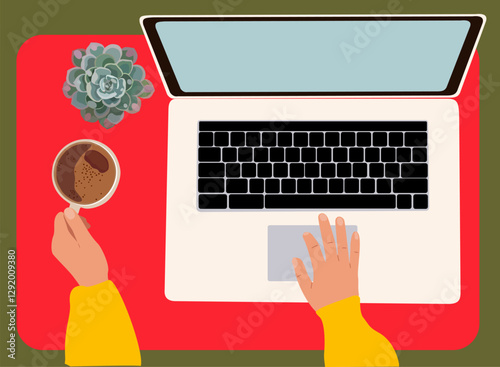 Female hands working on laptop and cup of holding coffee at desk top view. Working, chatting, communication, surfing internet, working online, shopping. Colorful cartoon flat vector illustration.