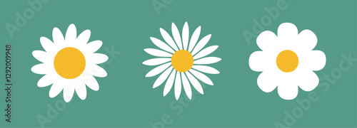  White daisy chamomile. Cute round flower plant collection. Growing concept. Love card symbol. Flat design.