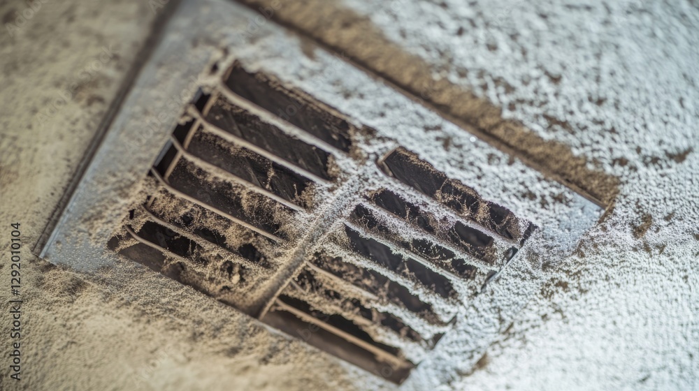 Close-up of a home ventilation system that is completely dirty and clogged with dust. Concept art system showing signs of neglect and maintenance.