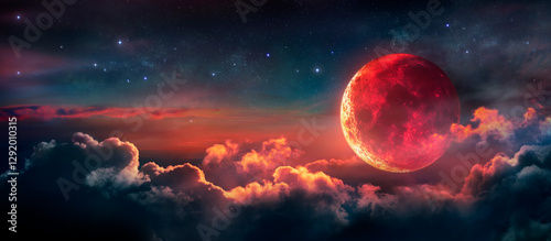 Eclipse - Bloody Moon With Red Surface In the Starry Night - Abstract Fantasy Background