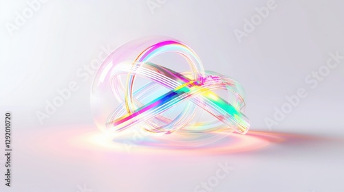 holographic translucent swirling 3d orb with luminous rainbow ribbons on clean minimal background concept of modern design, creative branding, digital art