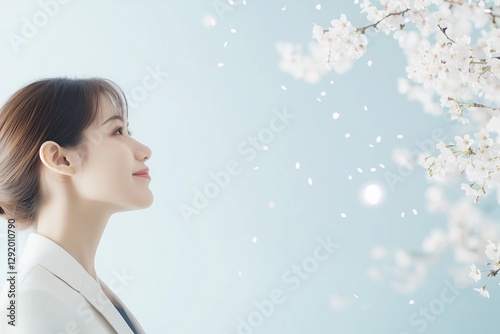 希望の春、桜を見つめる新入社員