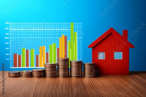 Home Value Growth and Savings - Rising house prices and growing savings visualized with a bar graph and stacks of coins next to a red house model photo