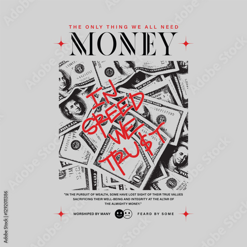 stylish t-shirt and apparel abstract design for a money photo with halftone effect and red typography on it. Vector print, typography, poster. Global design