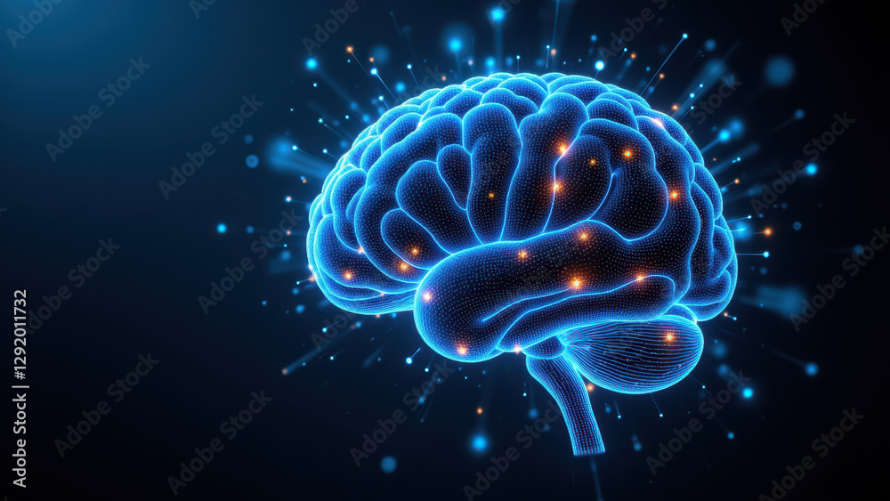A digital illustration representing artificial general intelligence with a glowing brain silhouette set against a dark background.