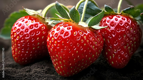 Ripe red strawberries on vine, soil background, healthy food