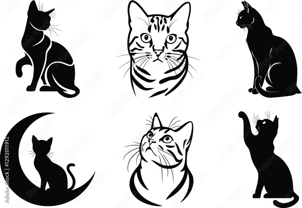 Fototapeta premium Set of cat silhouette clipart bundle design, different various poses isolated on white background 