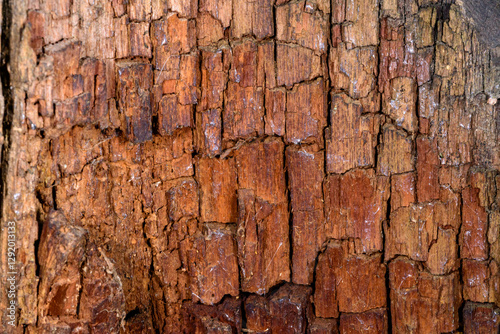 Wood destroyed by gray fungal rot cracked into squares, tree destruction in the garden