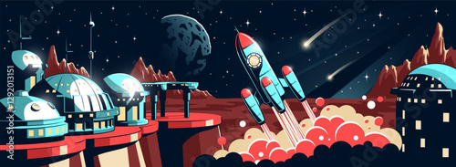 Rocket launches from futuristic space base on a red planet surrounded by unique structures during vibrant cosmic scene with celestial bodies. Vector retro style