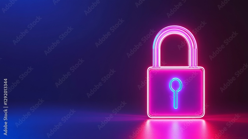 Neon Glowing Padlock Security Icon - A vibrant neon pink and blue padlock symbol glows on a dark background, representing security and data protection Neon Glowing Padlock Security Icon - A vibrant neon pink and blue padlock symbol glows on a dark background, representing security and data protection