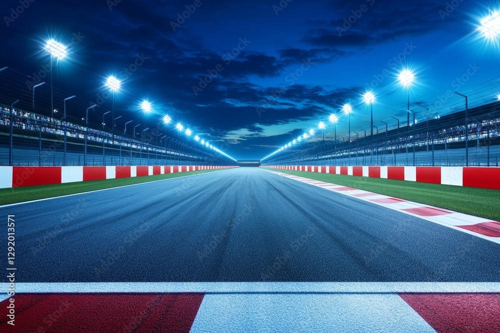 Night Race Track Asphalt - A long shot of a race track at night, illuminated by bright lights. The asphalt is dark and smooth, with tire marks visible Night Race Track Asphalt - A long shot of a race track at night, illuminated by bright lights. The asphalt is dark and smooth, with tire marks visible