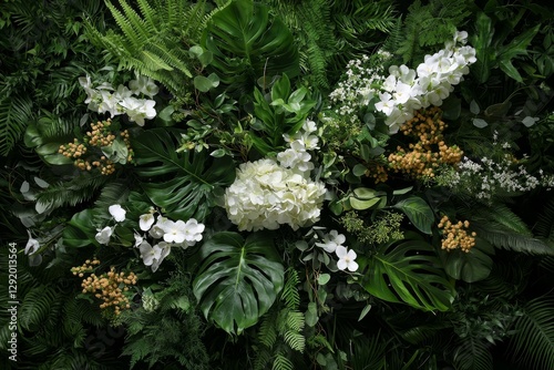 A wide range of green leaf topical plants, including some with flowers, cover the wall for background purposes