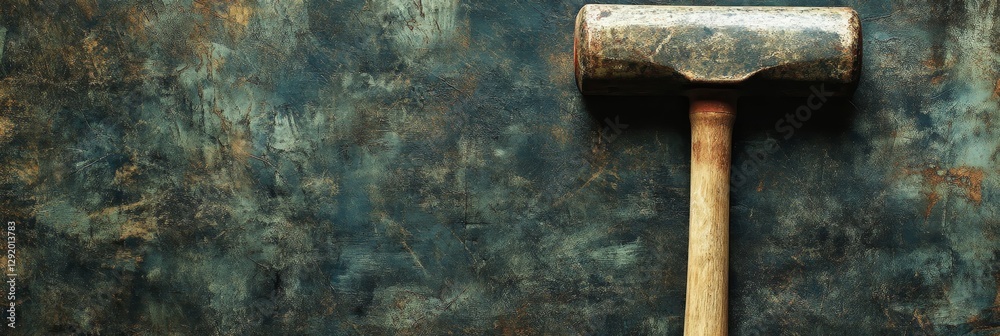 Old Hammer on Textured Background - A weathered hammer rests against a dark, textured backdrop. Symbols of strength, craftsmanship, construction, resilience, and age are evoked