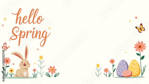 Cute Easter background with a rabbit, decorated eggs, and spring flowers. A soft pastel color palette perfect for seasonal greeting cards and prints.