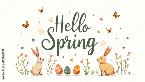 Spring-themed illustration with "Hello Spring" typography, cute rabbits, colorful eggs, and floral elements. A bright and cheerful seasonal design.