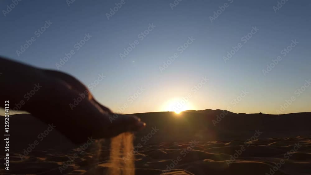 Areia do deserto escorrendo pelas mãos com por do sol ao fundo